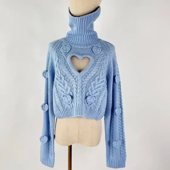 NWT FOR LOVE & LEMONS Rebecca Heart Sweater Size S & M in Blue Knit Turtle Neck - Picture 5 of 11